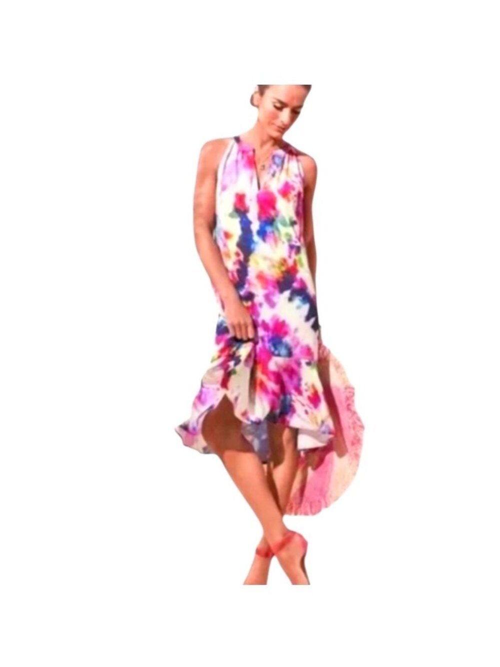 Cabi Celebration Dress #5971 Size Large Halter Watercolor Multicolor Midi Flounc